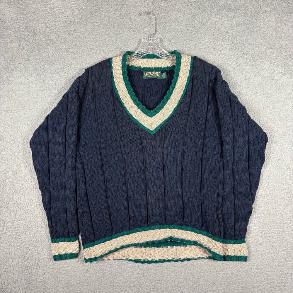Vtg American Eagle Sweater Adult Medium Blue Preppy Academia USA Made 80s 90s